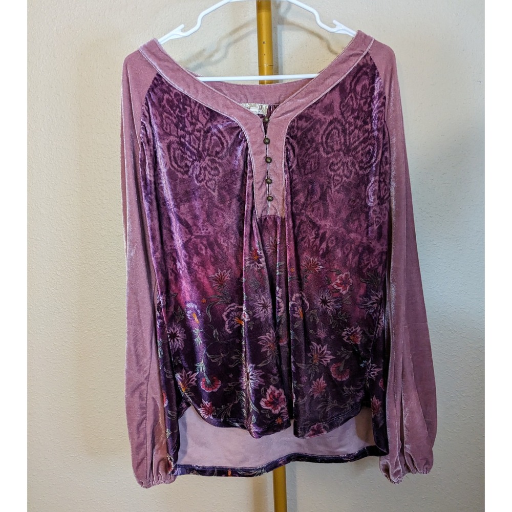 Lavender Velvet Tunic Top Gothic Floral Paisley Burnout Bishop Sleeve XL